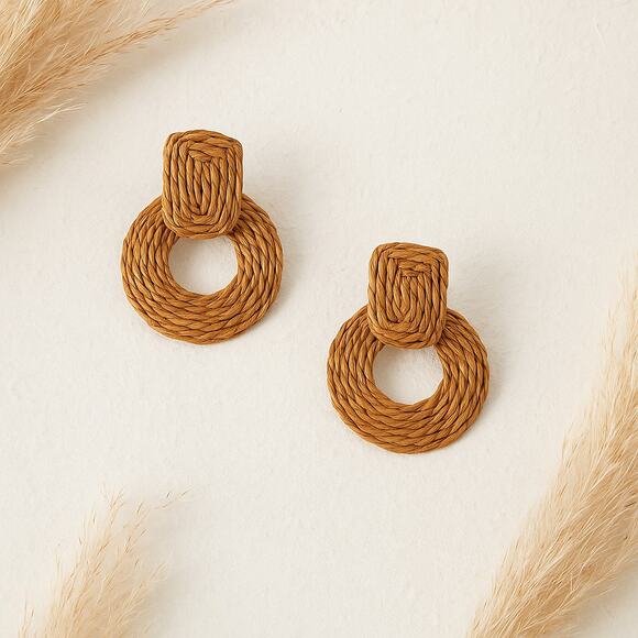 A247-B • Boho Geometric Raffia Rattan Earrings - Picture 1 of 2